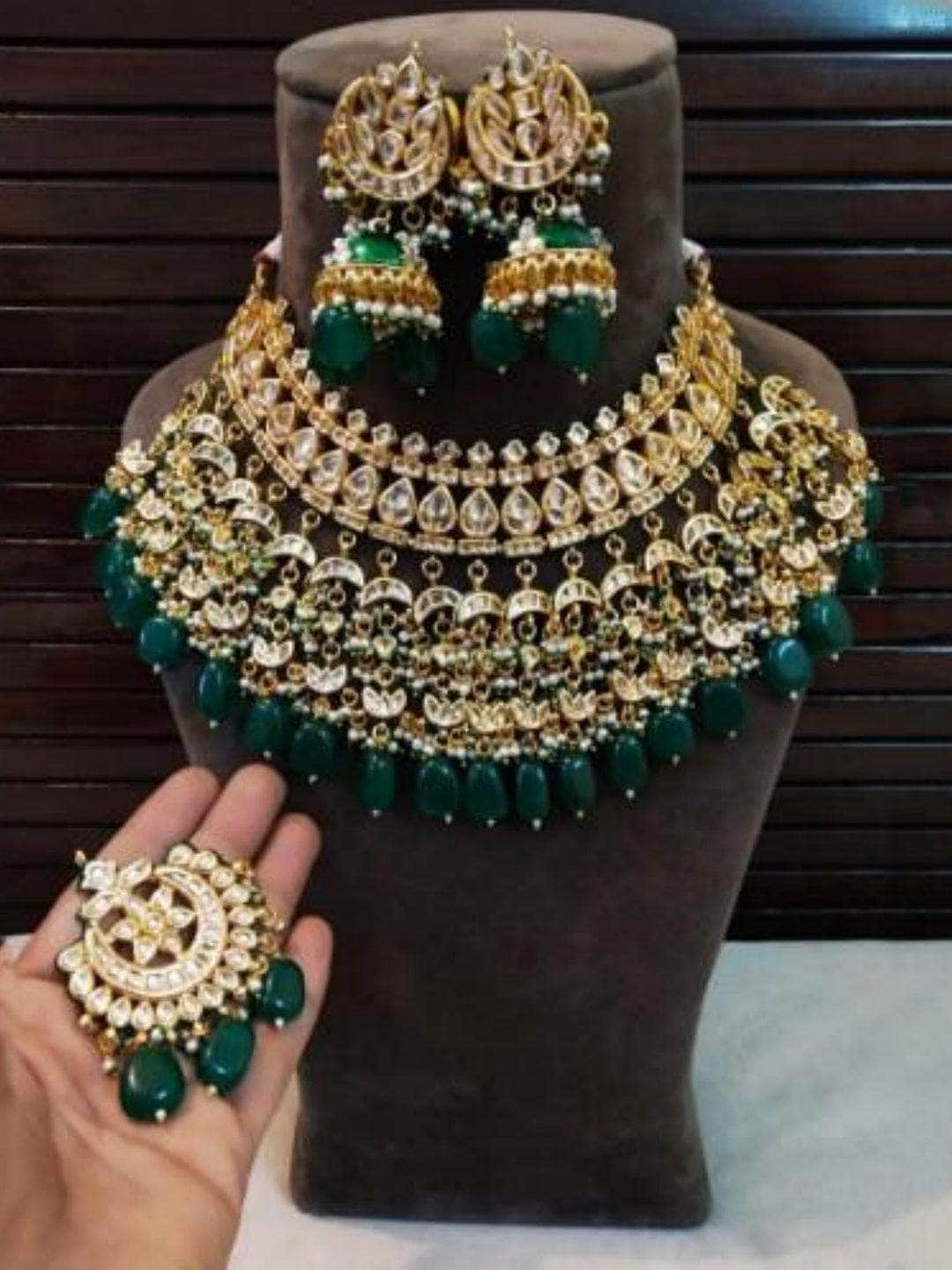 Ishhaara Dark Green Multi Snap Chand Bridal Necklace Earring And Teeka Set