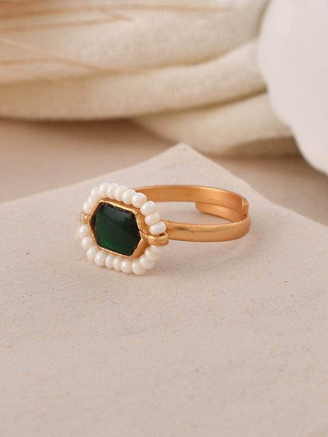 Ishhaara Oblong Kundan Pearl Ring Dark Green