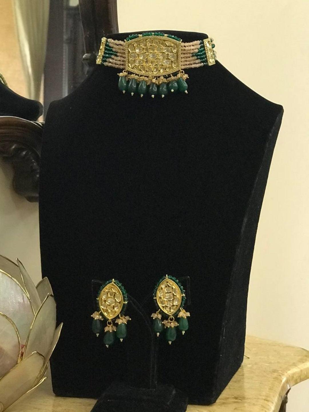 Ishhaara Dark Green Polki Kundan Beaded Choker Necklace Set