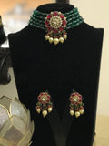 Ishhaara Dark Green Precious Choker Beaded Necklace Set