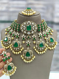 Ishhaara Dark Green Radiant Polki Choker With Emerald Beads