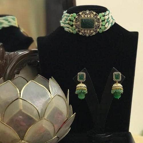 Ishhaara Dark Green Rectangular Carved Pearls Choker Necklace Set