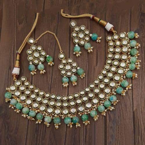 Ishhaara Dark Green Round Meena Kundan Choker Necklace Set