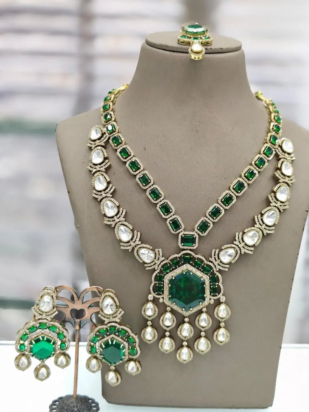 Ishhaara Dark Green Sabyasachi Inspired Long Victorian Necklace Set
