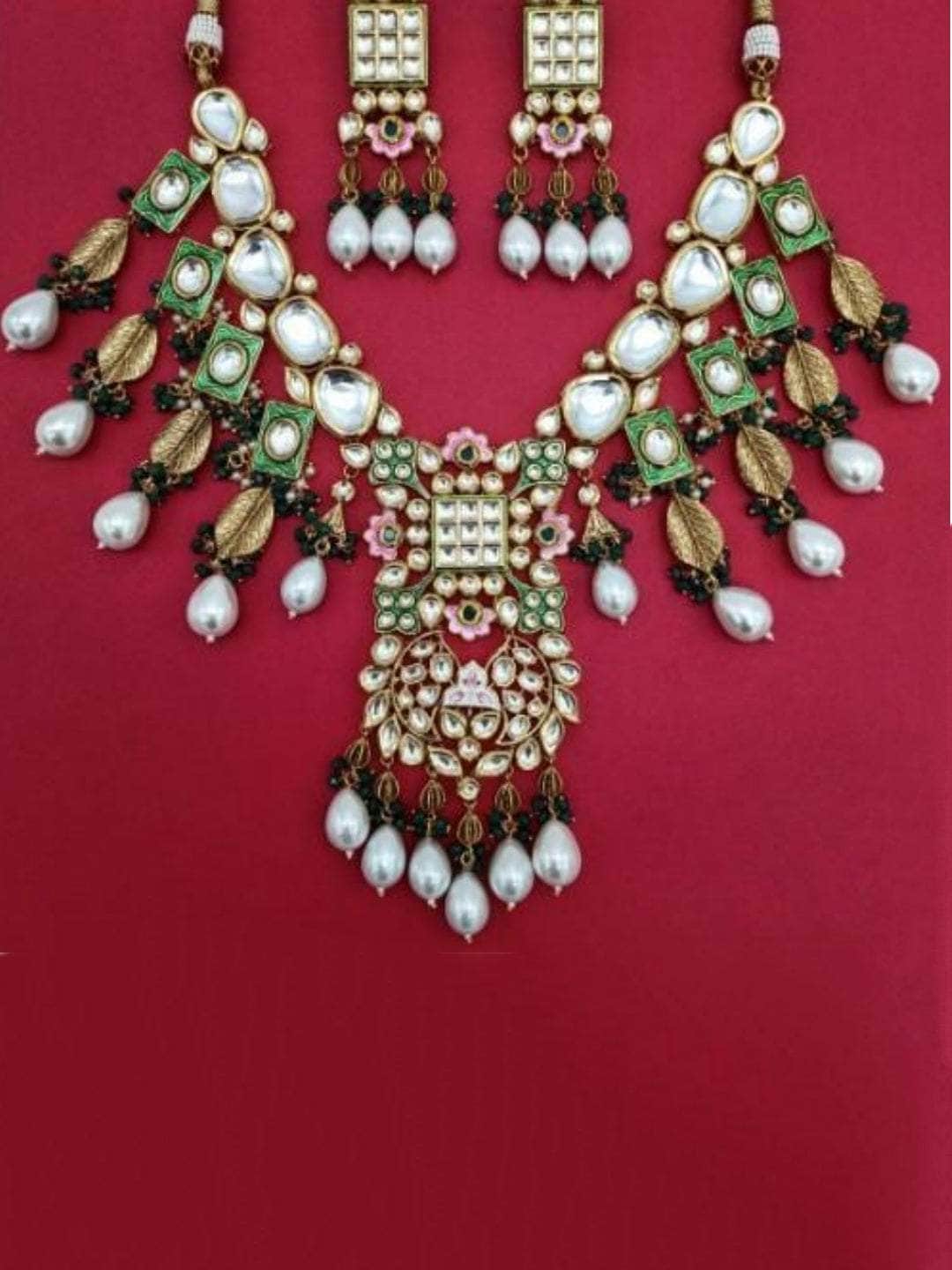 Ishhaara Dark Green Square Meena Leaf Drop Necklace And Earring Set