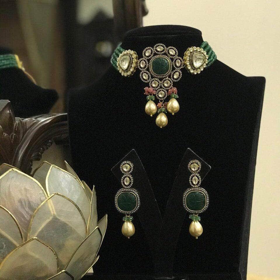 Ishhaara Dark Green Victoria Patchi Baroque Necklace Set