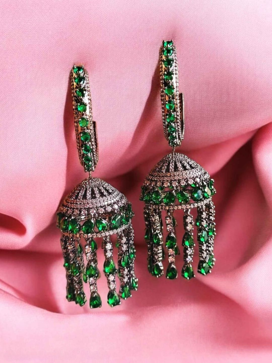 Ishhaara Dark Green Victorian Polished Stone Jhumkas