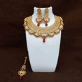 Ishhaara Dark Pink Antique Gold Semi Circular Kundan Necklace Earring And Teeka Set