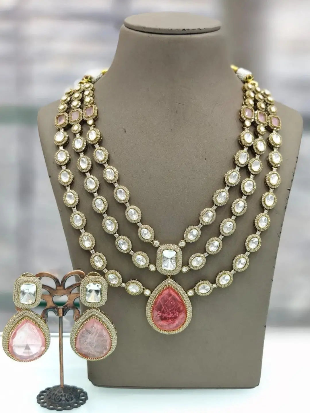 Ishhaara Dark Pink Elegant 3 Layer Victorian Ad Haram With Gemstones