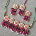 Ishhaara Dark Pink Meena Round Colored Choker Earring And Teeka Set