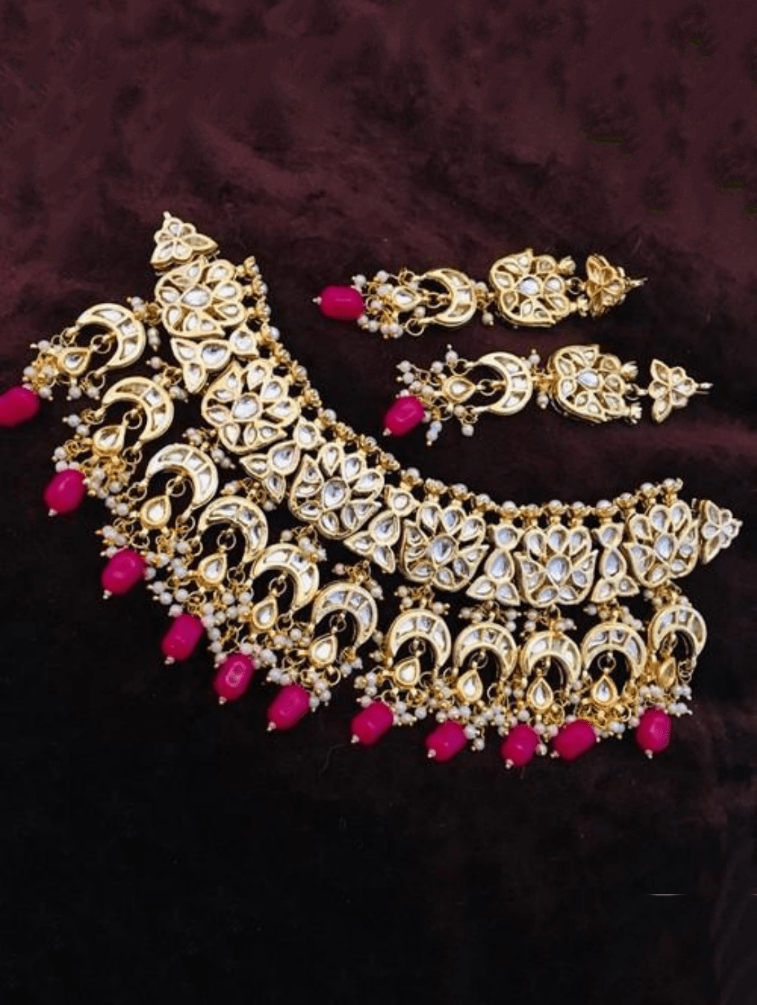 Ishhaara Dark Pink Multi Chand Hanging Necklace Set