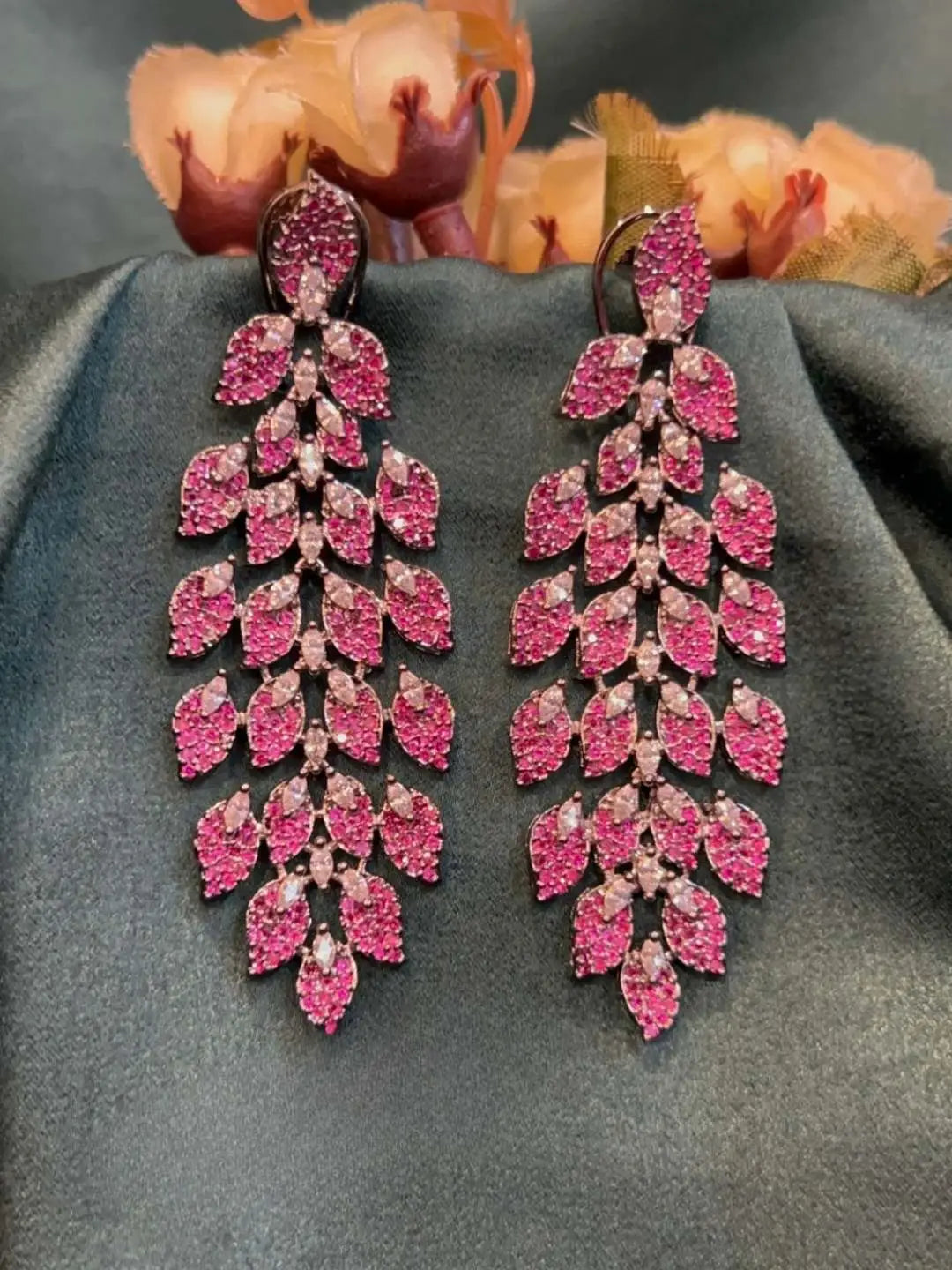 Ishhaara Dark Pink Petal Dreams Delicate Floral Drop Earrings