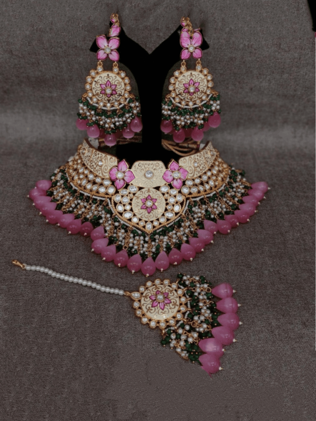 Ishhaara Dark Pink Royal Meenakari Necklace Earring And Teeka Set