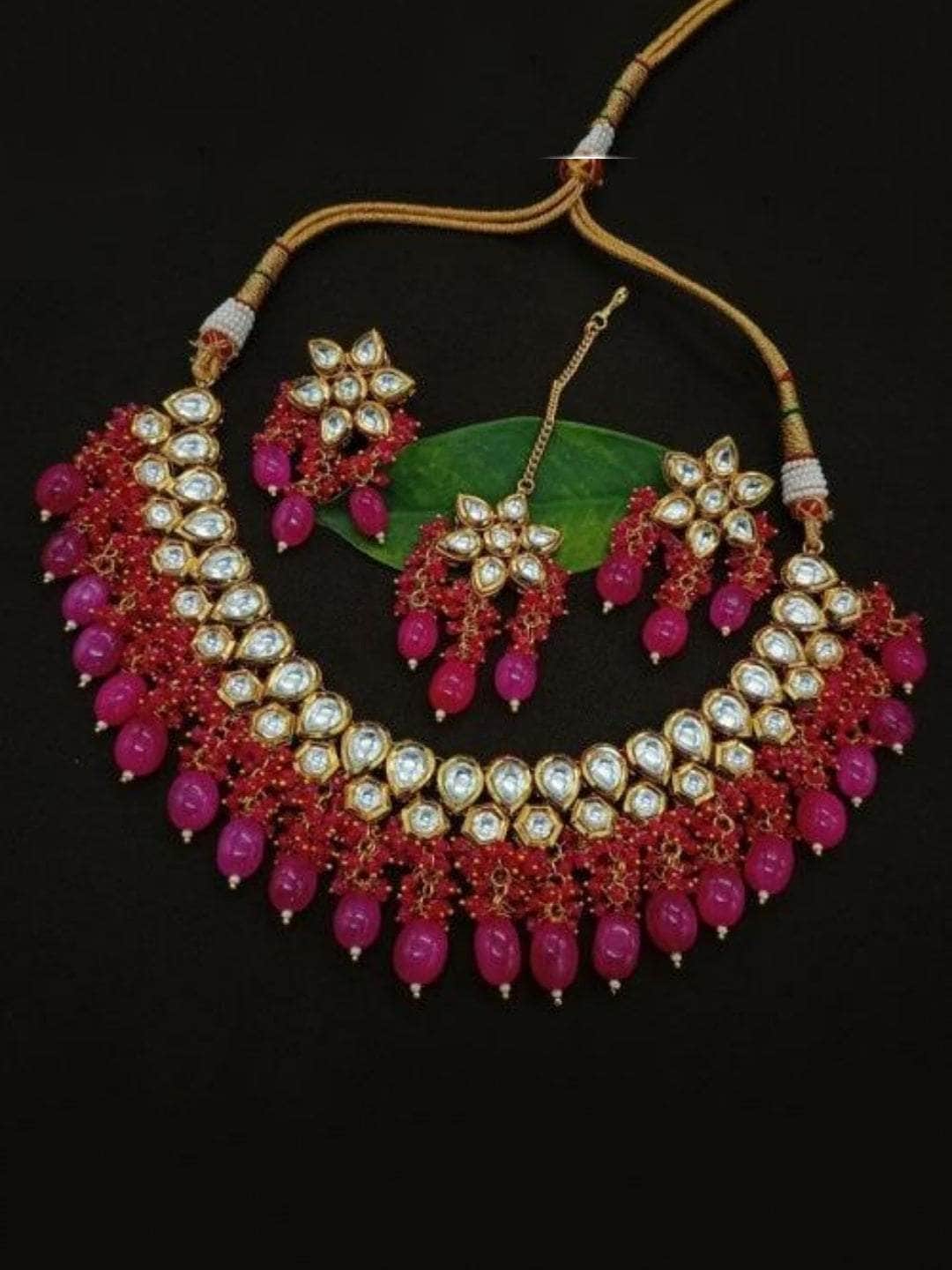 Ishhaara Dark Pink Simple Kundan Beads Necklace Teeka Set