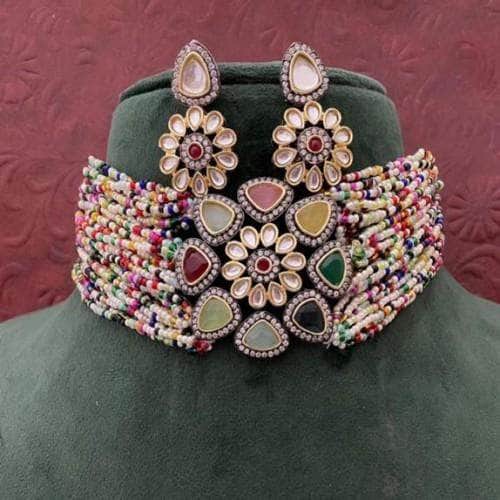 Ishhaara Dark Pink Triangular Moti Choker And Earring set
