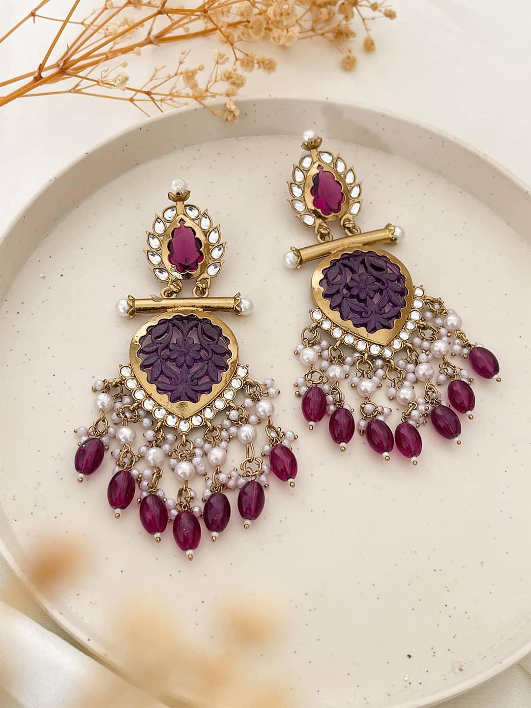 Ishhaara Dark Violet Cutwork Chandbali Earrings