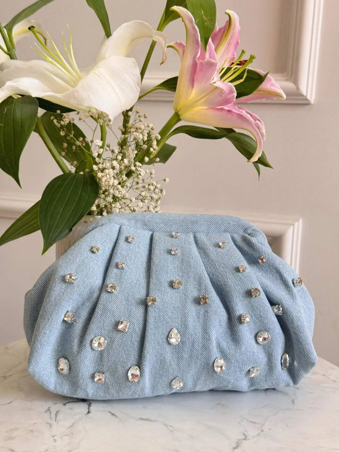 Ishhaara Denim Rhinestone Studded Clutch Bag