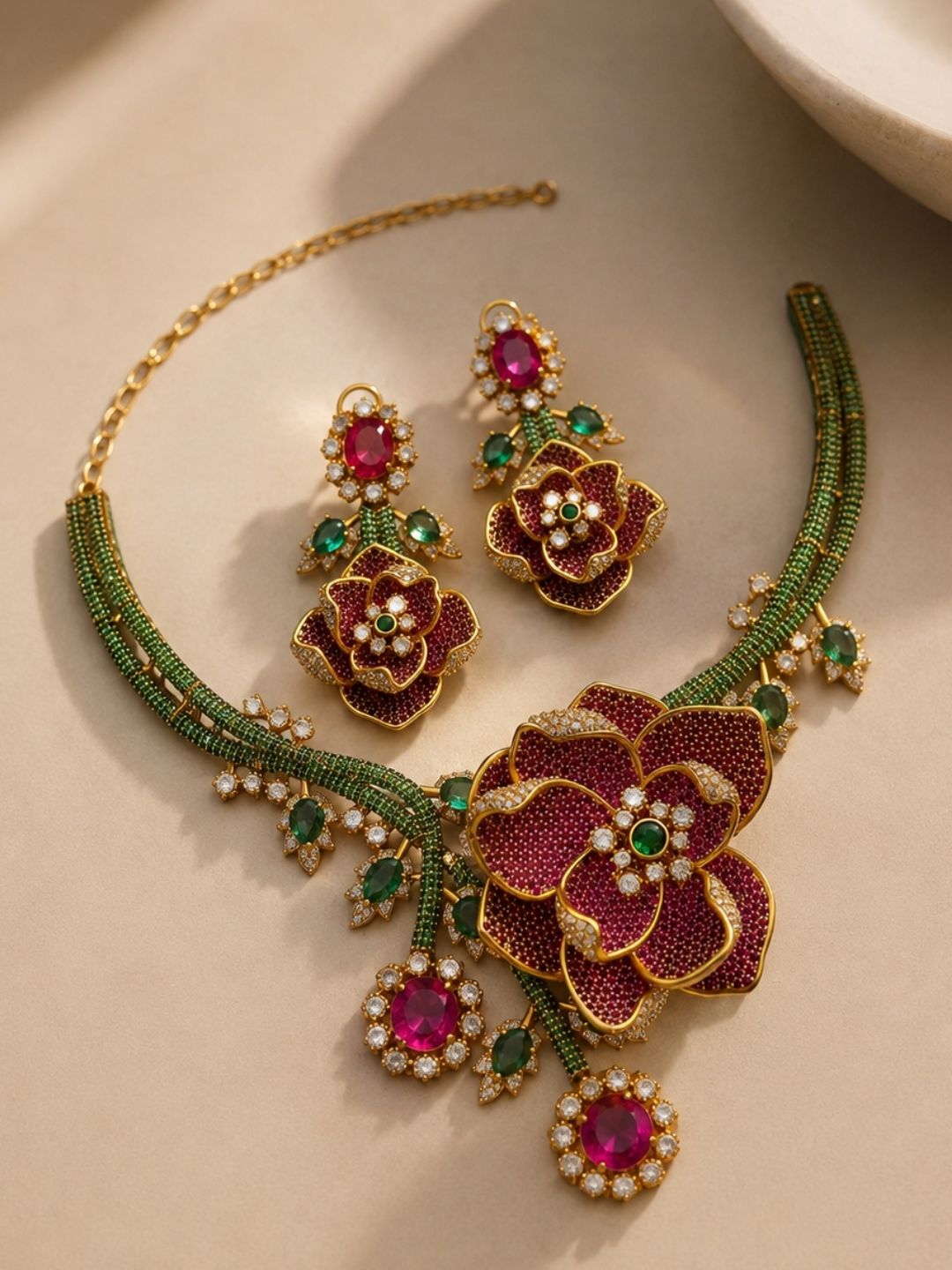 Ishhaara Designer Flower Ruby Green Necklace