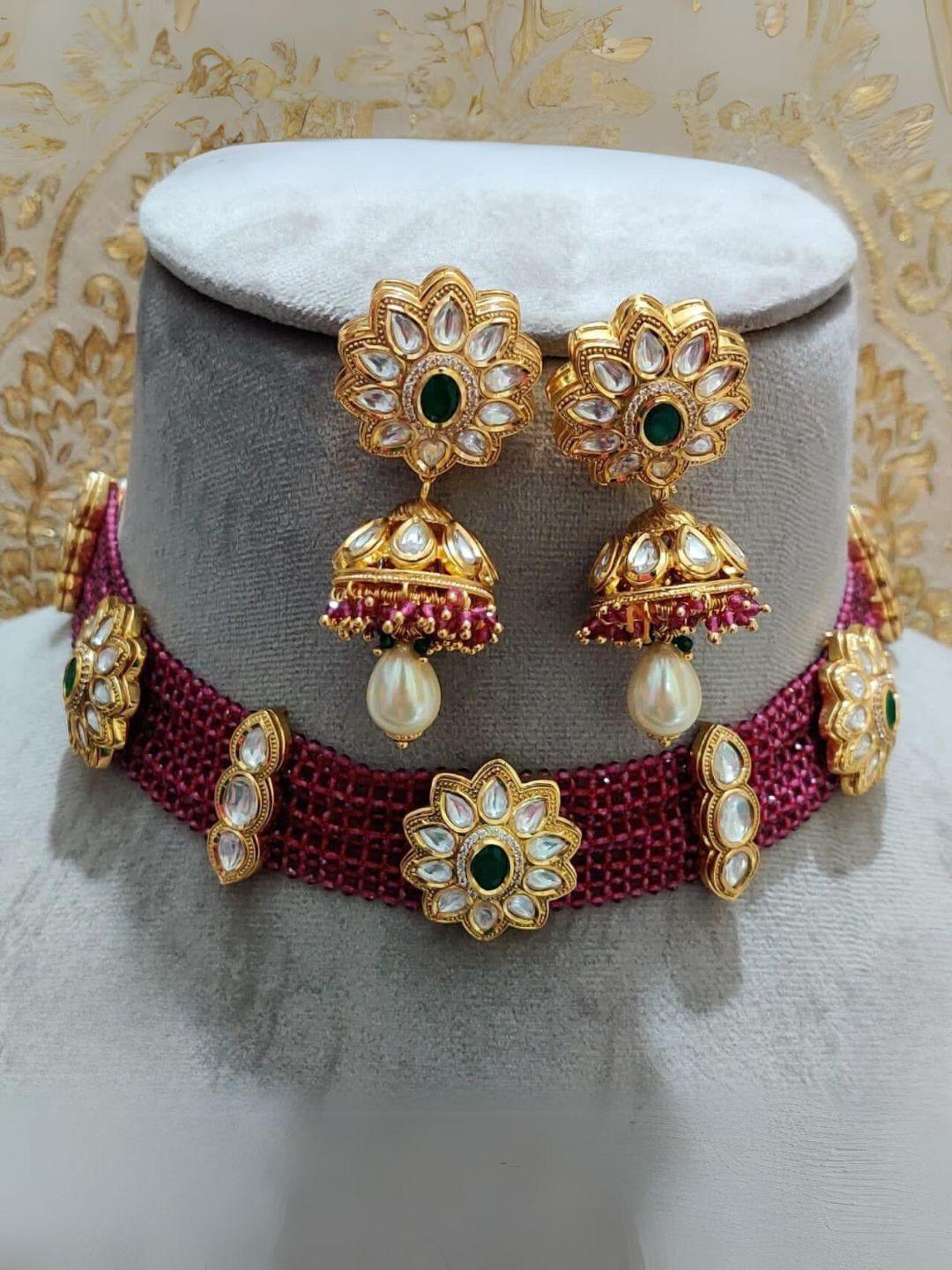 Ishhaara Designer Gold Plated Royal Kundan & Ruby Necklace With Earrings 