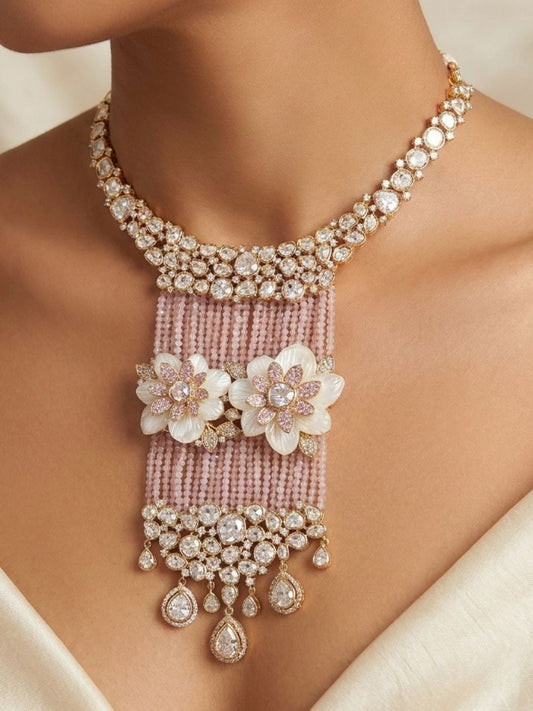 Ishhaara Designer Pink Floral Statement Necklace