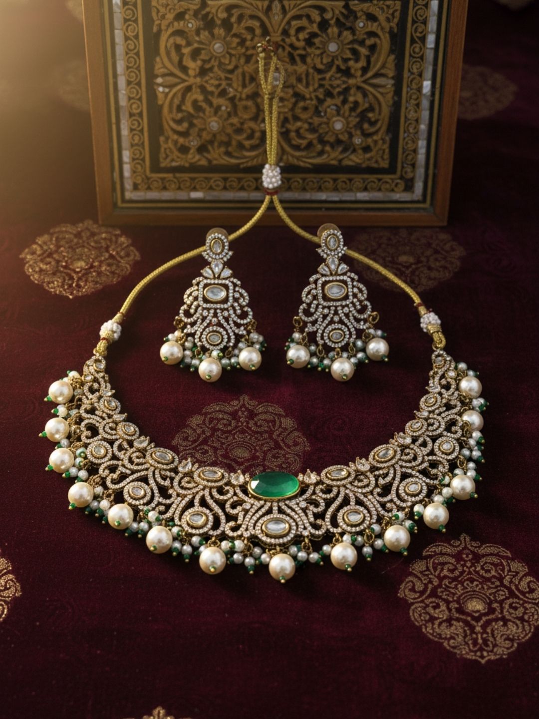 Ishhaara Diamond And Emerald Necklace Set