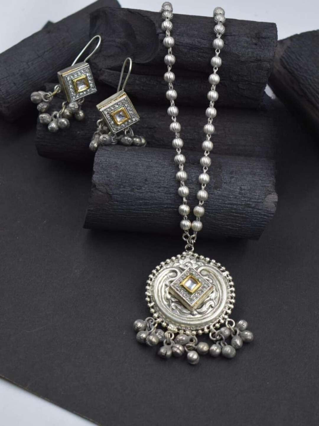 Ishhaara Diamond Shaped Kundan Studded Oxidised Long Necklace