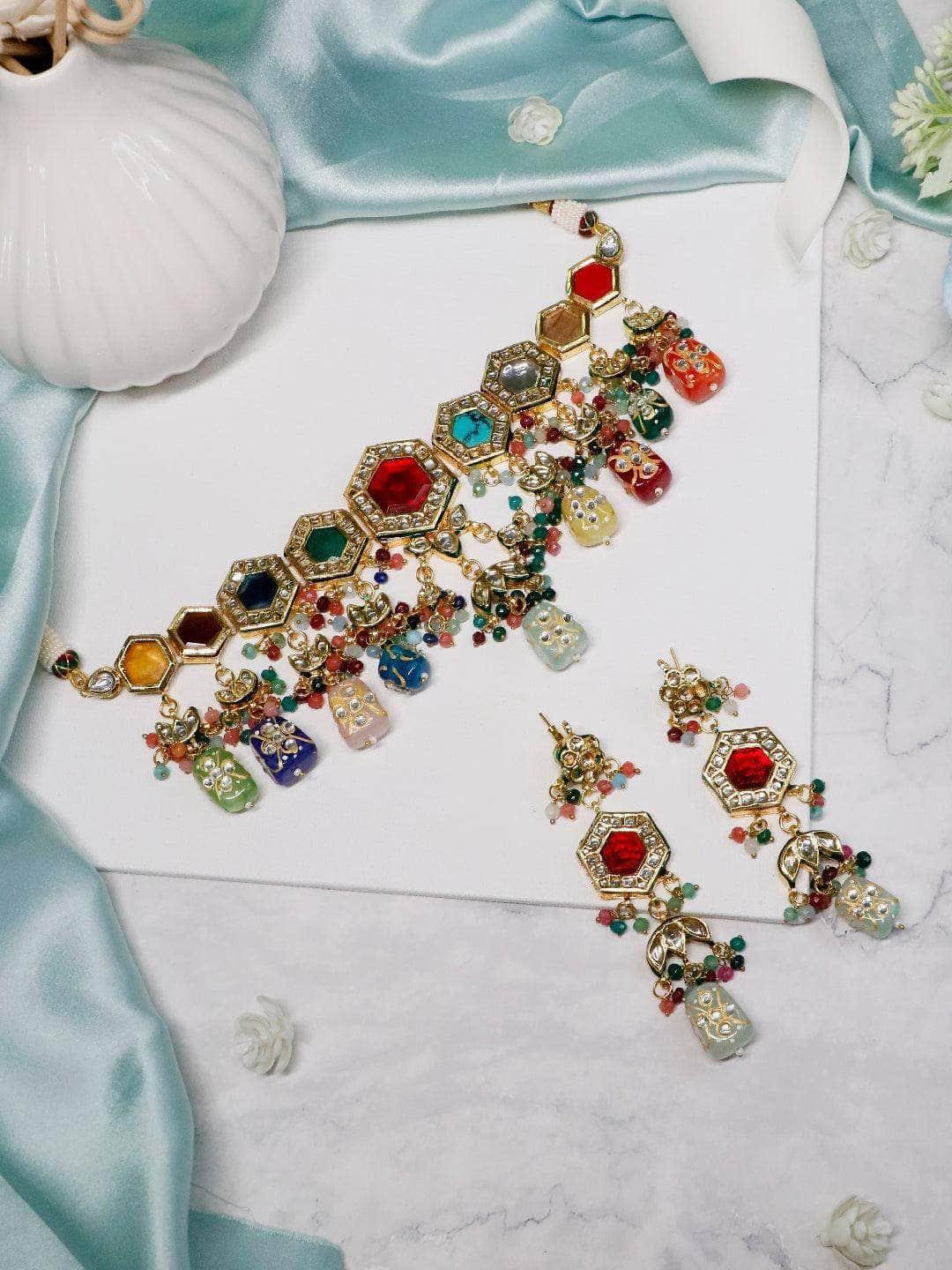 Ishhaara Diyakrishna In Multi Color Navratna Stone Choker Set