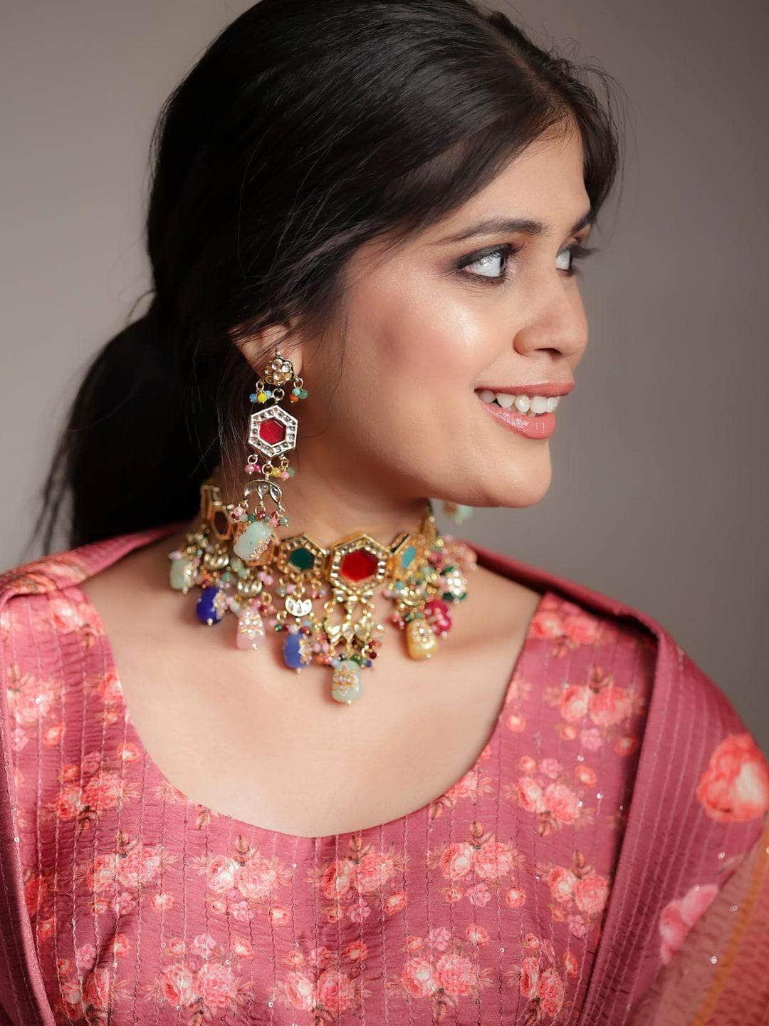 Ishhaara Diyakrishna In Multi Color Navratna Stone Choker Set