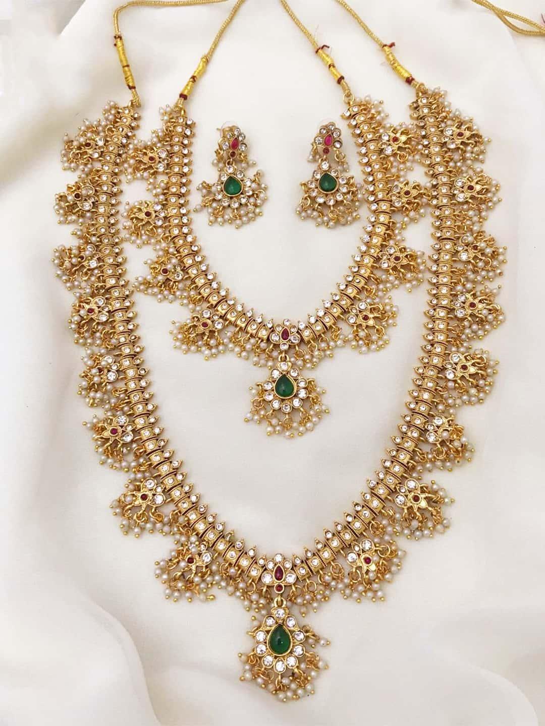 Ishhaara Double Layer Guttapusalu Haram Necklace With Earrings