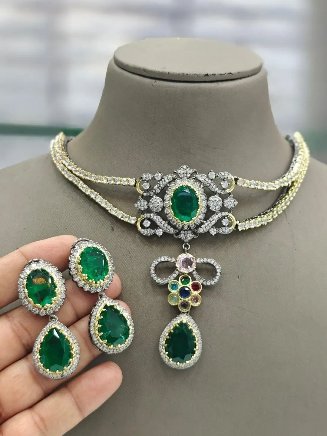 Ishhaara Double Layered Emerald Green Designer Necklace Set