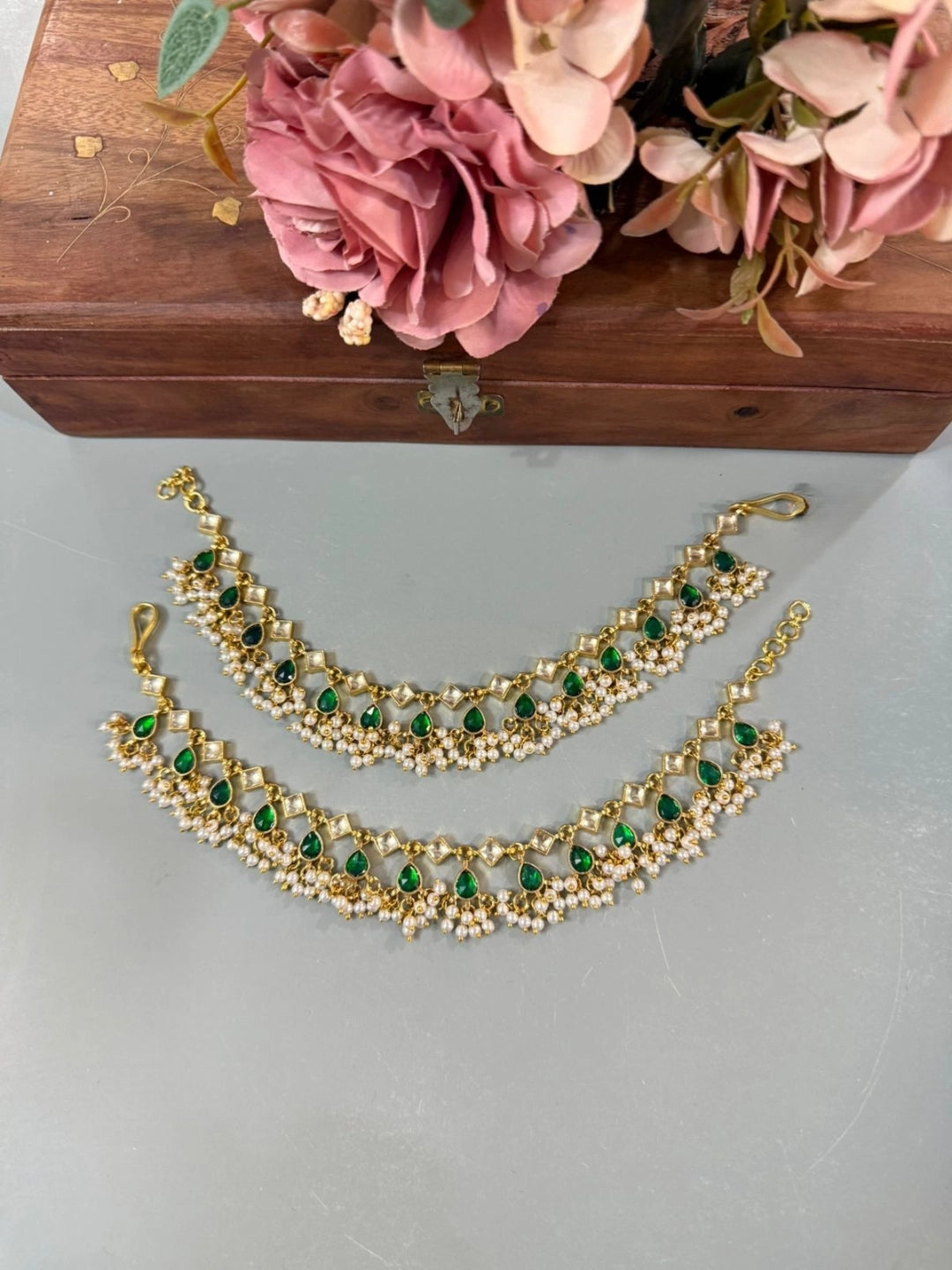 Ishhaara Drop Shaped Pachi Kundan Studded Earchains