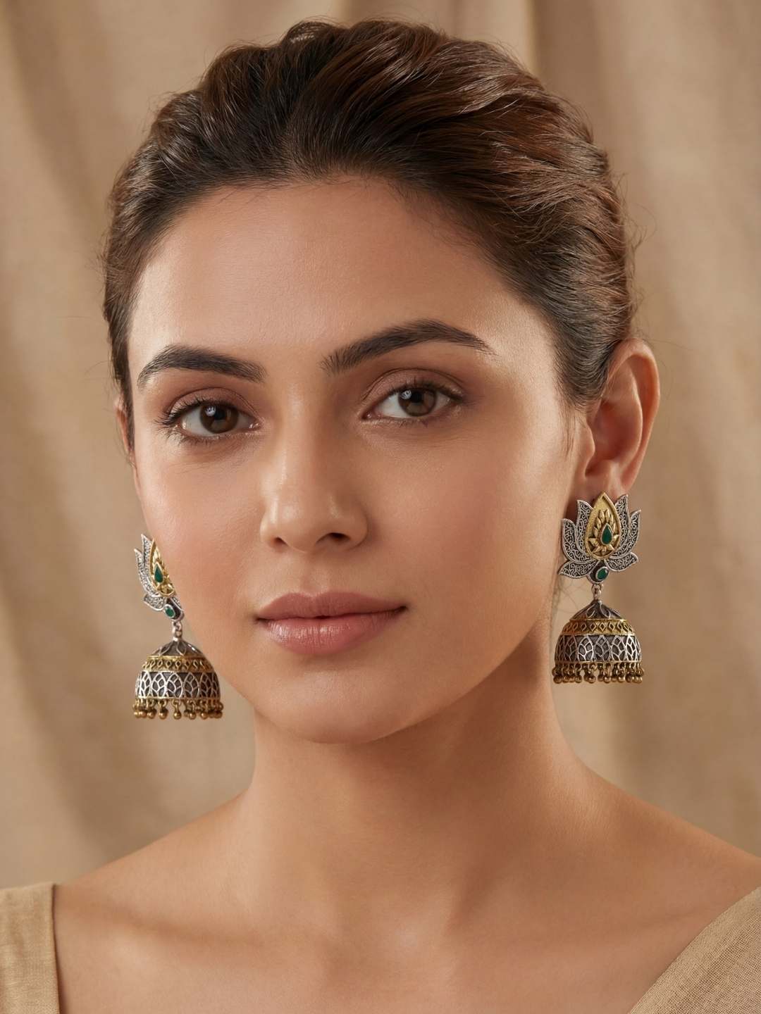 Ishhaara Dual Tone Lotus Shaped Oxidised Jhumkas