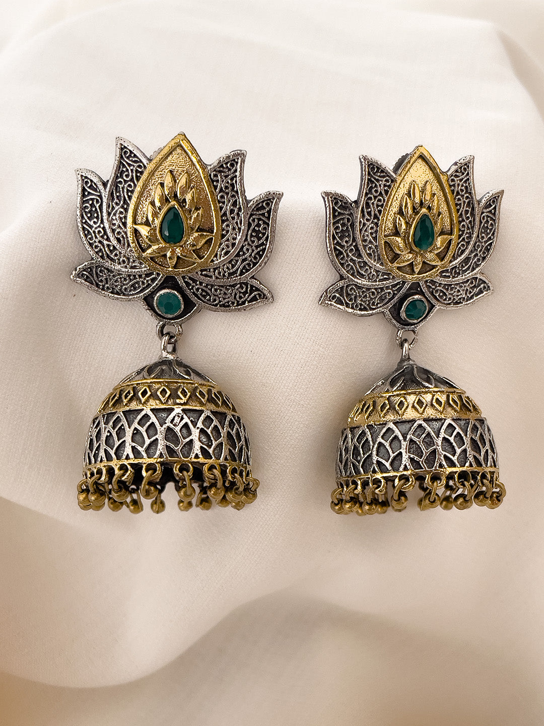 Ishhaara Dual Tone Lotus Shaped Oxidised Jhumkas