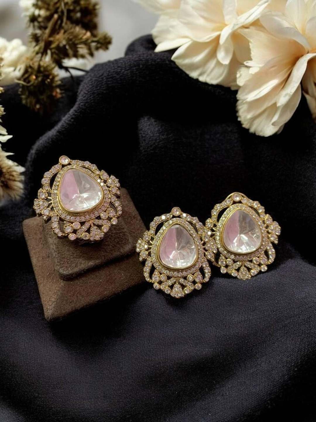 Ishhaara Dual Tone Polki Stud Earrings And Ring Combo