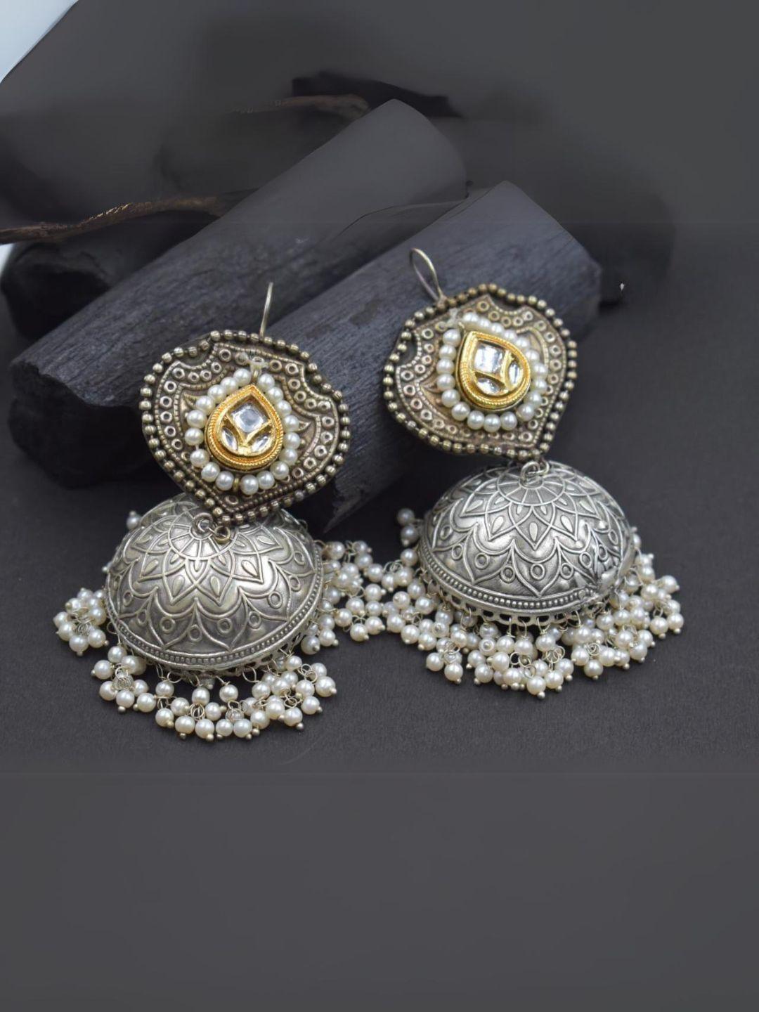 Ishhaara Dual Tone Triangle Shaped Pearl Statement Jhumkas