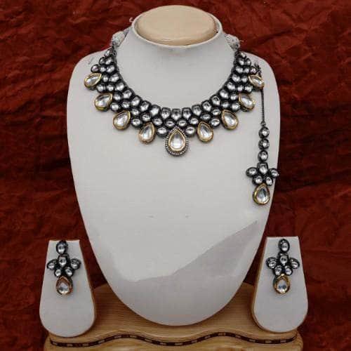 Ishhaara Dual Tonned Drop Ad Necklace Earring And Teeka Set