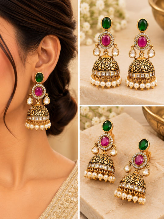Ishhaara Elegant Emerald And Ruby Jhumka