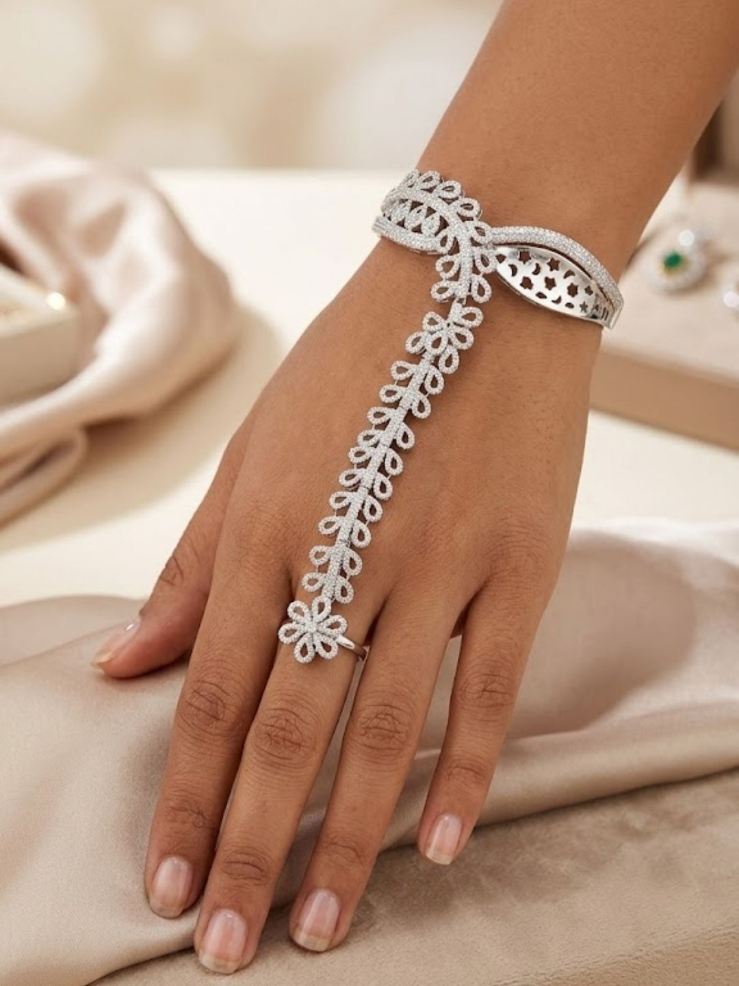 Ishhaara Elegant Floral Cz Hand Harness Bracelet