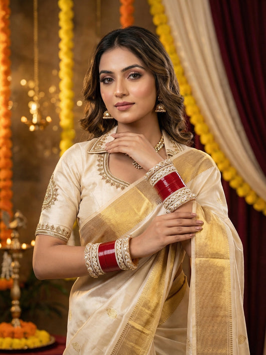 Ishhaara Elegant Gold Saree - A woman wearing a traditional Indian gold saree with intricate zari work and jewelry