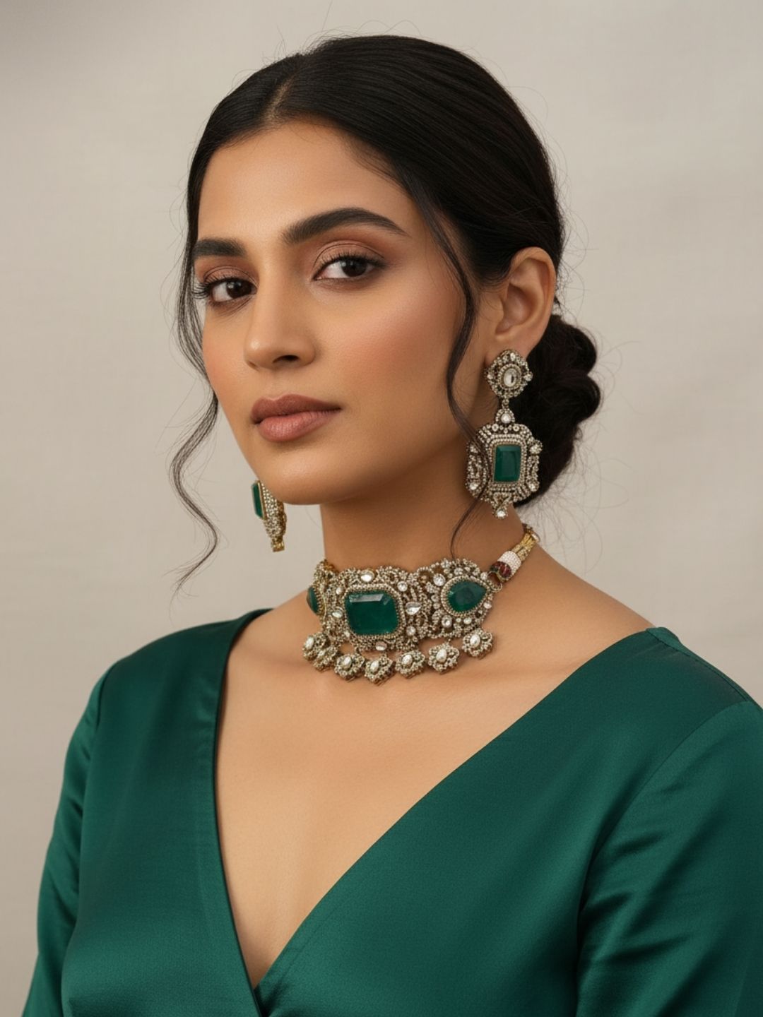 Ishhaara Elegant Green Color Choker Necklace Earring Set
