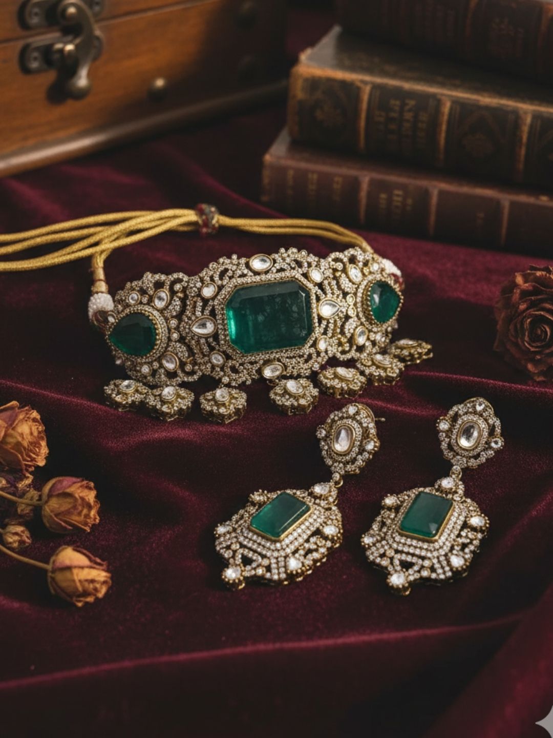 Ishhaara Elegant Green Color Choker Necklace Earring Set