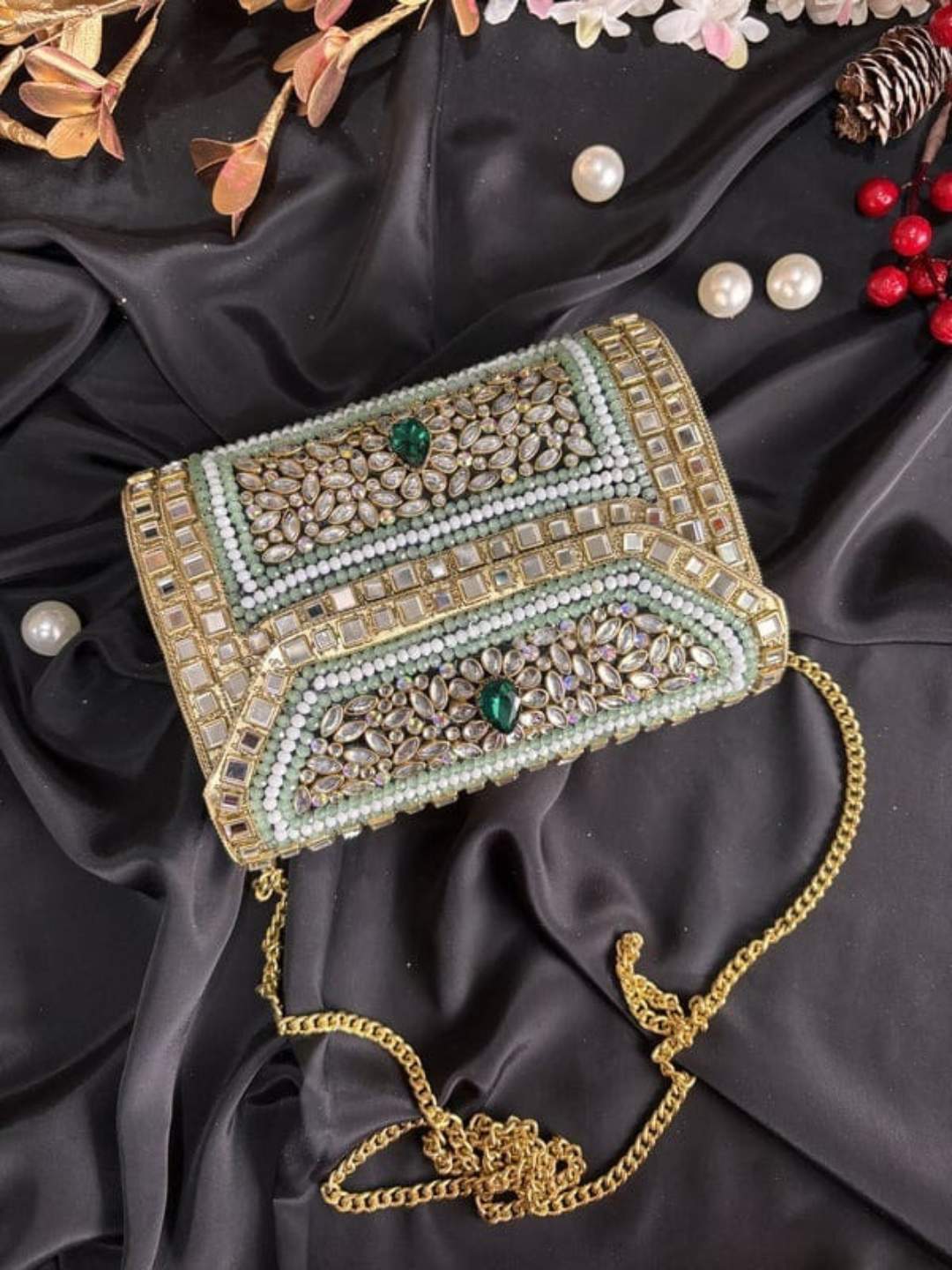 Ishhaara Elegant Handcrafted Jadau Work Clutch Bag