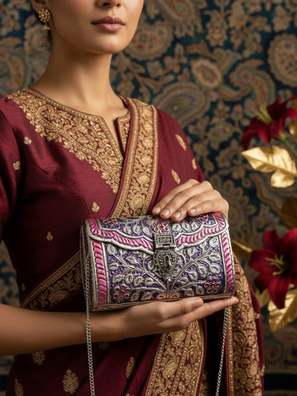Ishhaara Elegant Handcrafted Silver Clutch Bag