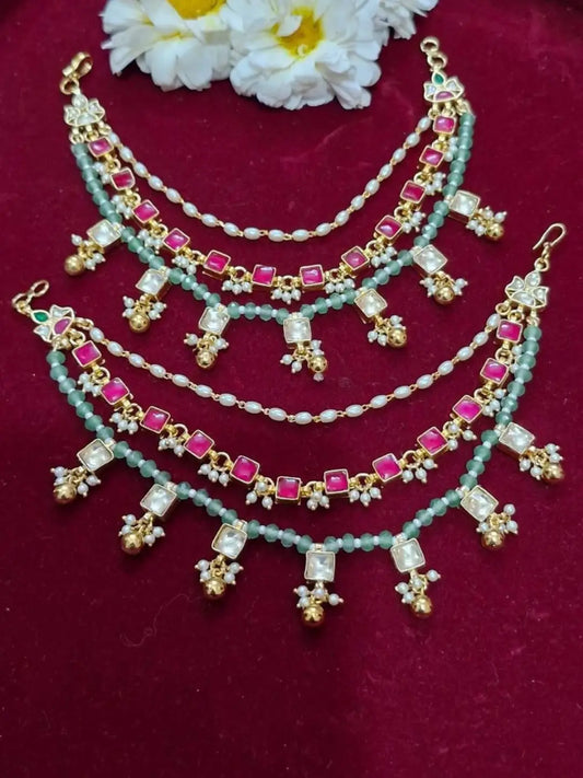 Ishhaara Elegant Jadau Kundan Floral Green Beaded Pearl Ear Chain