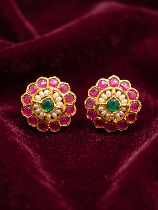 Ishhaara Elegant Jadau Kundan Floral Pearl Cluster Earrings
