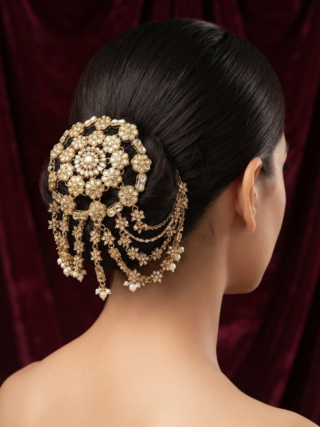Ishhaara Elegant Kundan Hair Bun Accessory With Chains
