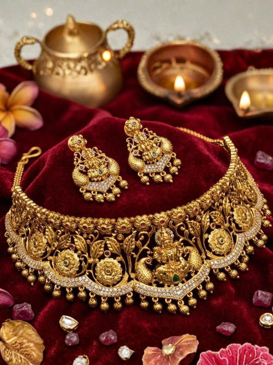 Ishhaara Elegant Lakshmi Peacock Floral Carved Bridal Choker Set