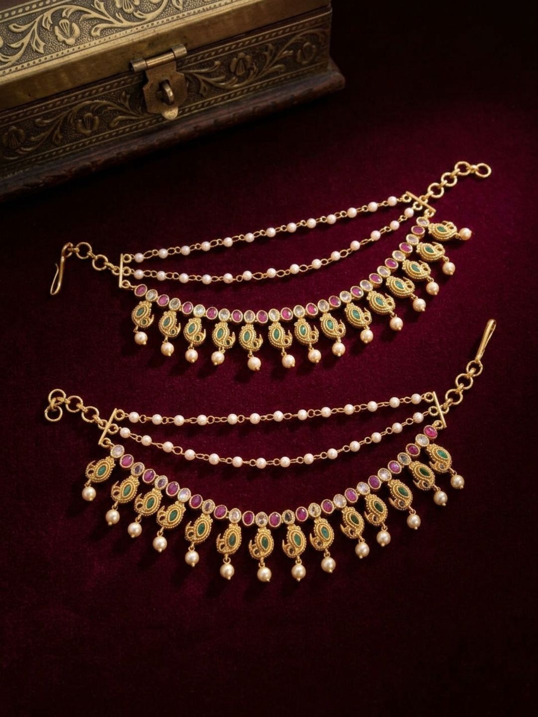 Ishhaara Elegant Peacock Gold Bead Pearl Earchain