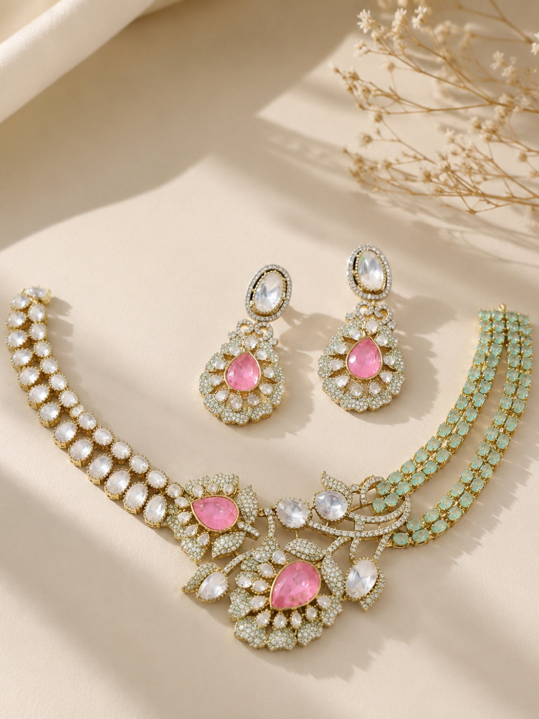 Ishhaara Elegant Pink Stone Statement Necklace