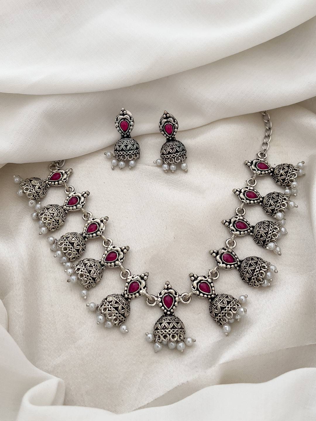 Ishhaara Elegant Red Stone 11 Jhumki Earrings With Intricate Design